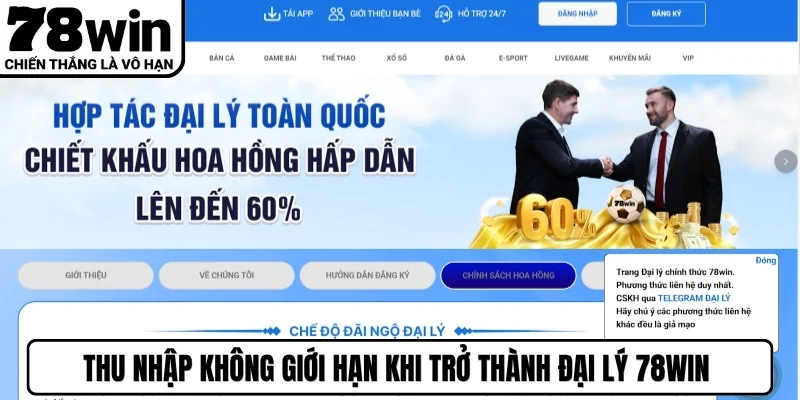 Thu nhập không giới hạn khi trở thành đại lý 78WIN chính thức